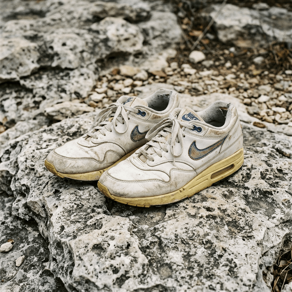 Pair of worn white Nike sneakers resting on rocky limestone