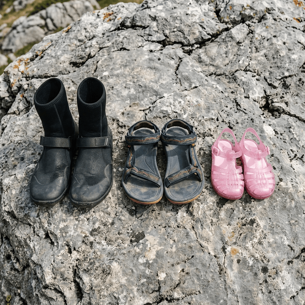 Three pairs of hiking boots displayed on a rock in an alpine mountain landscape