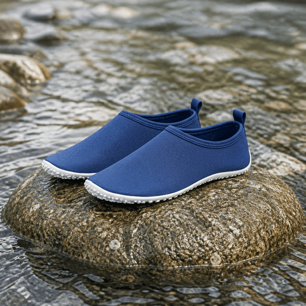 Pair of navy water shoes resting on a rock in a shallow creek